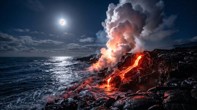 Volcanic lava flowing into ocean under full moon at night
