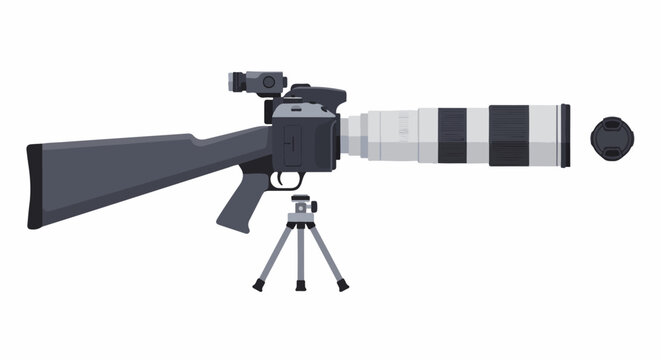Stylized camera resembling a rifle with a long lens on tripod