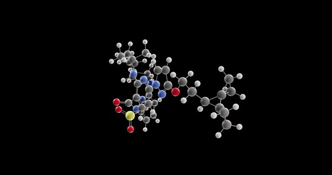 Vanzacaftor molecule, rotating 3D model of cftr corrector, looped video on a black background
