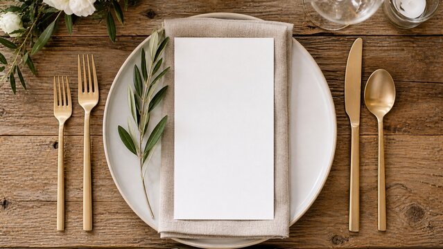 Blank rectangular menu card mockup on a wedding plate with an olive branch.