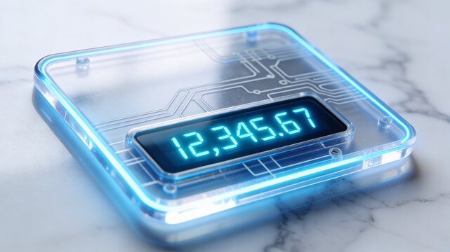 Futuristic transparent digital display with glowing blue neon borders showing numbers on a marble surface.