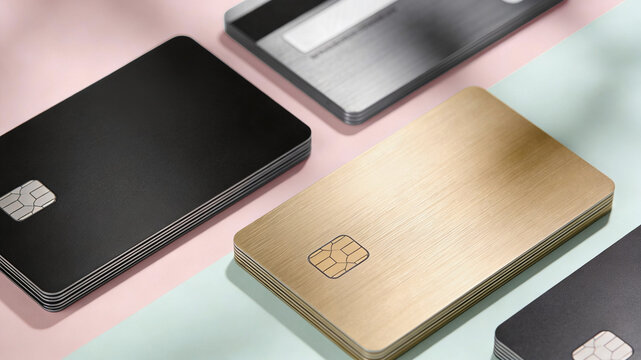 Close-up of premium gold and black credit cards with EMV chips stacked on a modern pink and light blue pastel background.