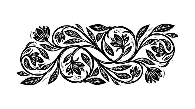 Black floral design with leaves and flowers.