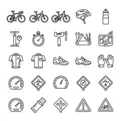 Fototapeta premium Bicycle Sport and Cycling Accessories Line Icons Set. Vector Outline Symbols of Road Bike, Mountain Bike, Helmet, Multi-Tool Repair Equipment, GPS Navigation, Speedometer, Jersey, and Trail Safety Sig