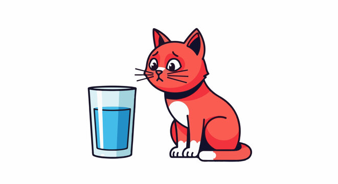 Sad cartoon cat looking at a glass of blue liquid