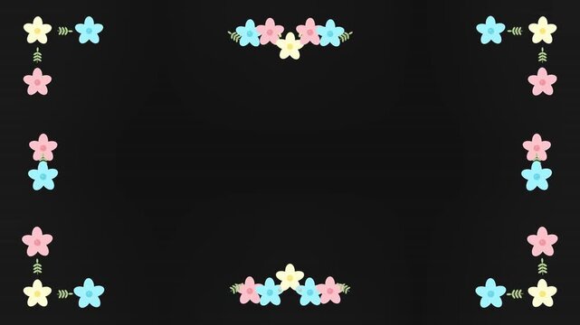 Elegant floral ornament border animation with blooming flowers and leaves on transparent background