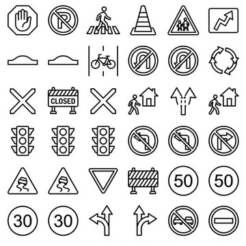 Traffic Signs and Road Safety Line Icons Set. Vector Outline Symbols of Street Regulations, Navigation Warning Signs, Speed Limit, Stop Hand, and Construction Barrier Elements Isolated on White Backgr
