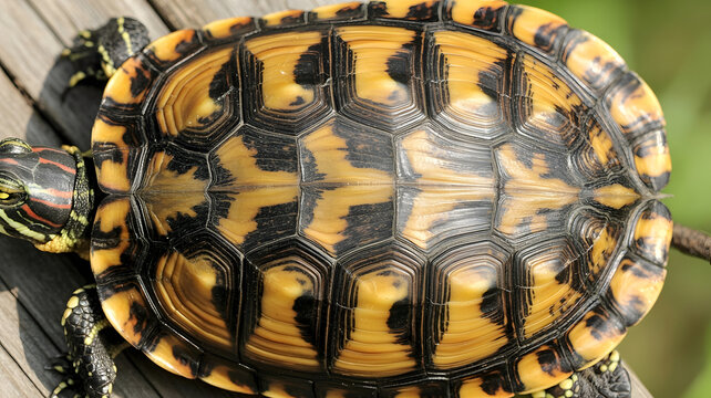 Close up top view of detailed patterned shell of turtle with bright yellow and black markings on weathered wood.
