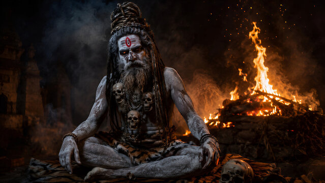 Aghori Sadhu Sitting in Meditation with 
Dramatic Blue and Fire Tones, Powerful Hindu 
Holy Man Varanasi Dark Spiritual Art