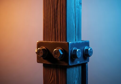 A robust vertical wooden post secured tightly to a heavy duty steel angle bracket using large diameter industrial hexagonal head bolts and nuts, support, nut, outdoor