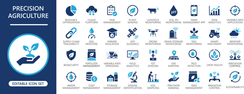 precision agriculture solid glyph icon set. monitoring, satellite, scan, monitoring, crops, gps, mapping, testing, management, livestock, planning, editable vector.