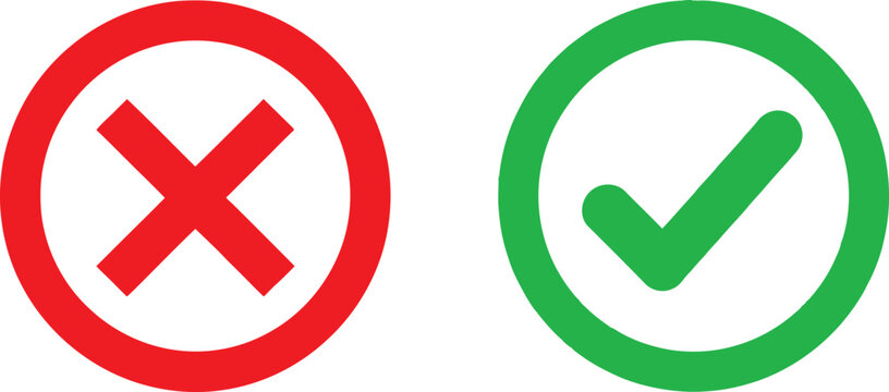 Red cross mark and green check mark icons representing true and false or right and wrong decisions for a survey Vector