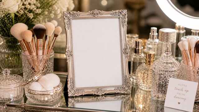 Blank ornate silver vintage frame mockup on an elegant makeup vanity.