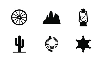 Western and cowboy elements vector icons set, wagon wheel, mountains. © MST MOZIDA