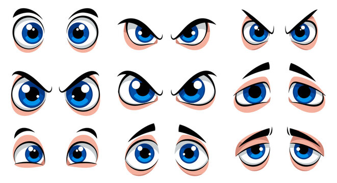 A set of diverse cartoon eyes displaying a range of emotions like surprise, anger, curiosity, and suspicion. Perfect for animation and illustration.