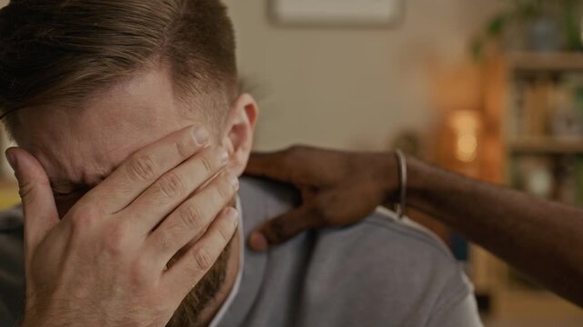 Close up of Caucasian man starting crying while talking about upcoming divorce. Unrecognizable Friend patting his shoulder, supporting him