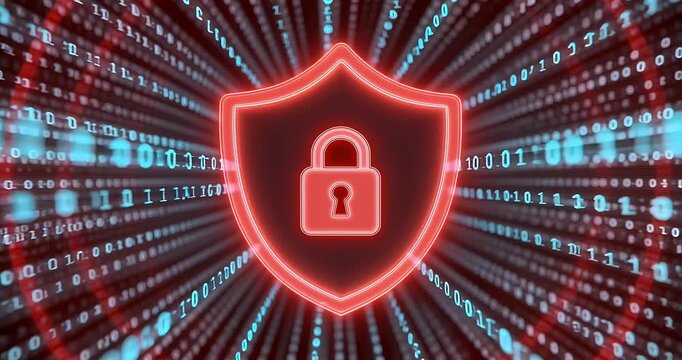 A glowing red shield with a padlock icon against a background of streaming binary code, symbolizing digital security and data protection in a cyber environment.