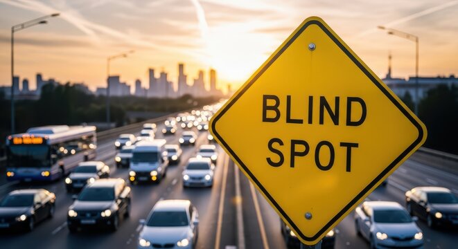 Blind spot warning highway traffic and caution sign at sunset road safety concept