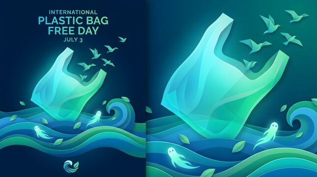 Stop plastic pollution concept artwork featuring glowing marine life, stylized water, and environmental conservation typography