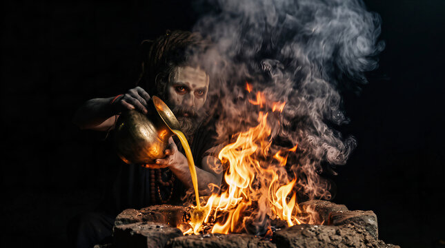 Aghori Sadhu Performing Intense Fire Ritual 
in Darkness, Hands Over Sacred Flames, Hindu 
Tantric Ceremony Mystical Art