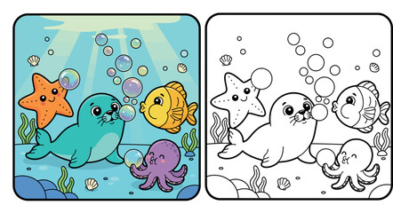 Adorable Cartoon Seal Blowing Bubbles with Ocean Friends in a Bright Underwater Scene © Dewan