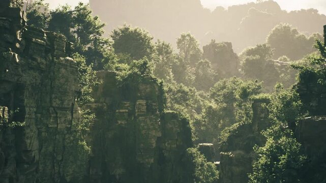 Ancient stone pillars overlooking hidden valley, vertical rock faces dotted with lichen and moss, soft backlight creating mystery and timeless mood perfect