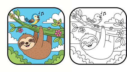 Fototapeta premium Cute Cartoon Sloth Hanging on a Branch with a Singing Bird in a Cheerful Outdoor Scene