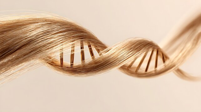 Blonde hair strands form a creative DNA helix structure. Shiny hair health and genetic strength concepts. Abstract silk texture, beauty research and keratin repair.