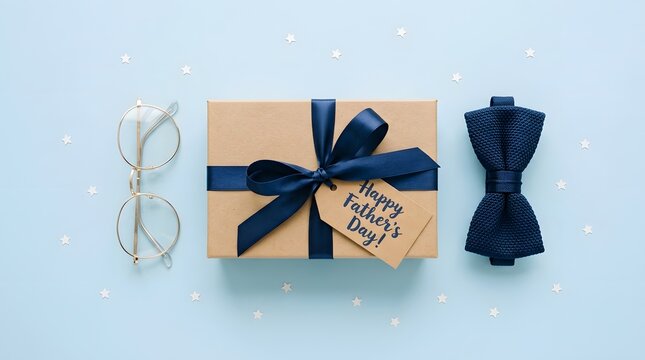 Father's day gift concept with package bowtie and glasses on light blue background