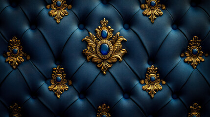Fototapeta premium Luxurious Deep Blue Tufted Upholstery Background Adorned with Ornate Gold Embellishments and Sapphire Gemstones, Evoking Regal Elegance and Vintage Opulence