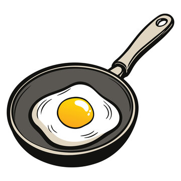 Fried egg in a pan with black exterior and beige handle cooking breakfast food