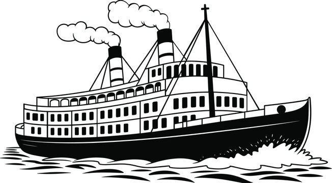 Vintage steamboat ship engraving illustration, classic maritime transport vessel vector isolated retro nautical design element