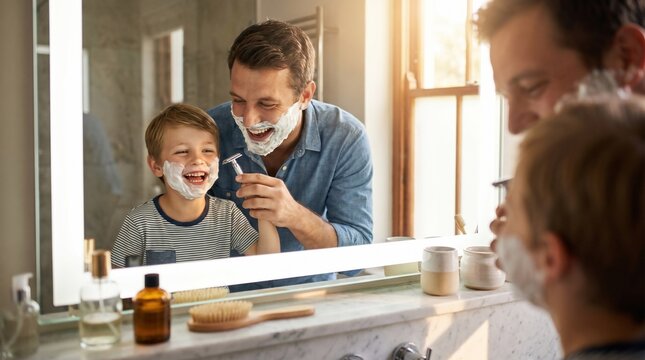 Father and son playing with shaving foam in front of bathroom mirror
