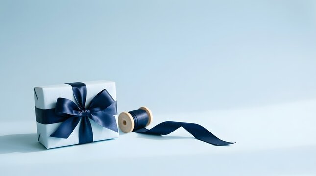 Elegant gift box with navy blue ribbon and spool