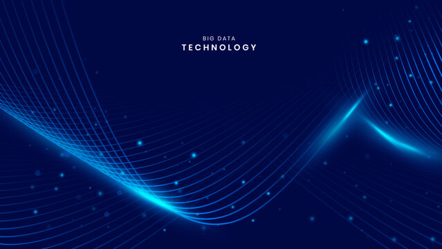 Abstract Blue Big Data Technology Background with Glowing Wave Lines and Digital Light Particles'