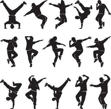 Hip hop dancers silhouettes set. Breakdancing people vector collection. Street dance poses, urban dancers silhouettes, man and woman dancing, action movement poses, isolated black silhouettes on white