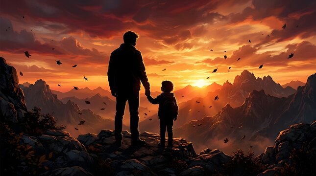 Father and son standing on mountain peak at sunset