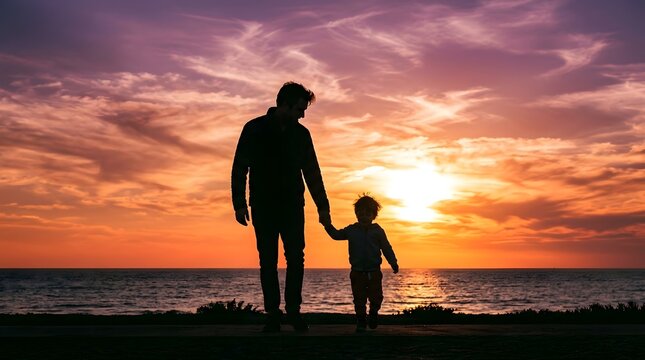 Father and son silhouette at sunset a heartwarming moment by the ocean