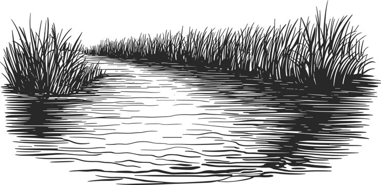 Marsh wetland water landscape engraving illustration, natural swamp grass vector isolated vintage nature design element