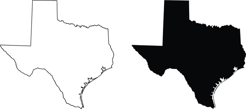Black and white map of texas state showing silhouette and outline shapes for design projects Vector
