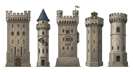 castle towers illustration set of four medieval stone structures © rita