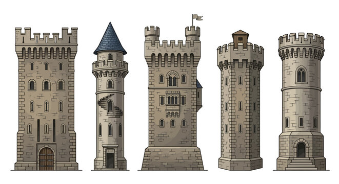castle towers illustration set of four medieval stone structures