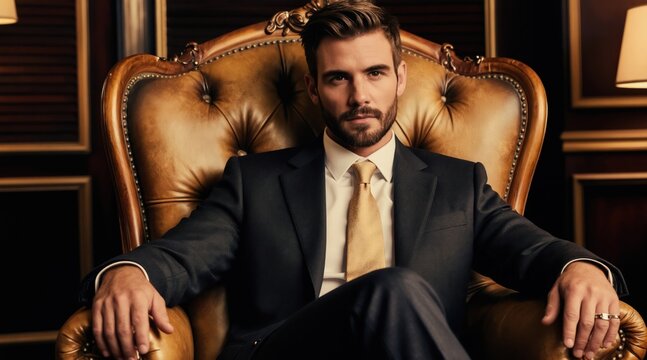 Confident man in elegant suit sits in luxury leather armchair. Pro look at camera. Success, power, and wealth symbols. Rich interior setting evokes ambition and achievement.