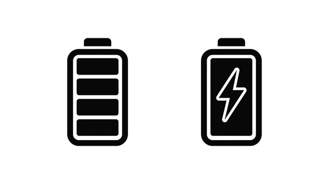 Battery icons with charge levels full and empty black silhouette