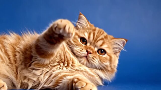 Orange persian cat on blue backdrop raising paw with intent