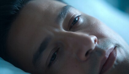 Fototapeta premium Lying adult male face showing fine skin lines in bedroom, with pale blue pillow, bedsheet, blanket