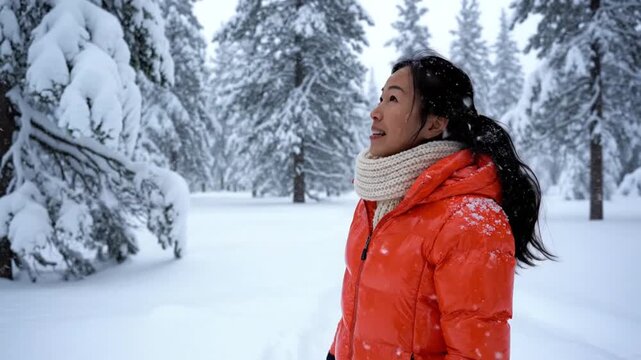 A blissful winter escape into nature's frosty embrace, where a radiant woman finds pure joy and wonder amidst a majestic snow-covered forest