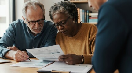 Fototapeta premium Elderly couple reviews financial documents with consultant. Man signs paper, woman reads contract at table. They discuss pension and savings for future.