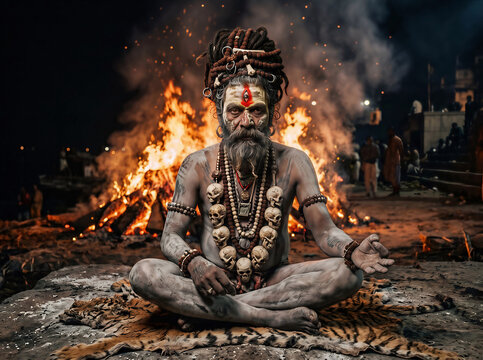 Aghori Sadhu Meditating on Tiger Skin with 
Sacred Fire, Ash Covered Hindu Holy Man 
Varanasi Spiritual Photography Art