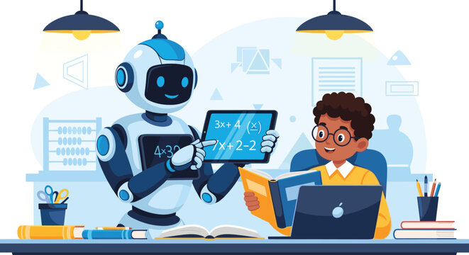 A friendly robot tutor helping a young student with math problems on a tablet in a modern classroom setting illustrating the concept of ai in education and personalized learning, Generative AI.